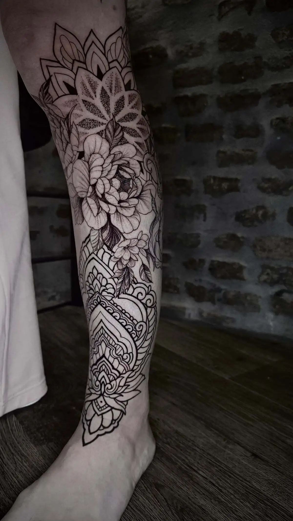 mandala floral leg sleeve fine line tattoo