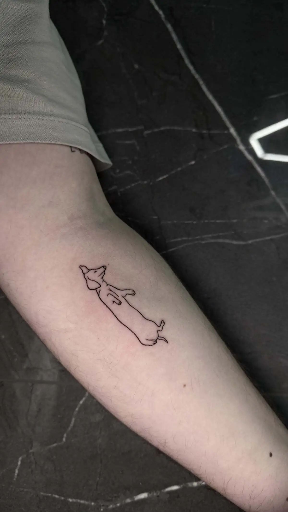 minimal dachshund dog outline forearm tattoo