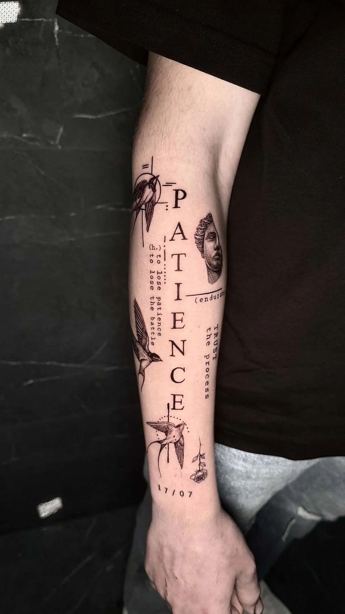 patchwork typography swallow birds micro realism forearm tattoo