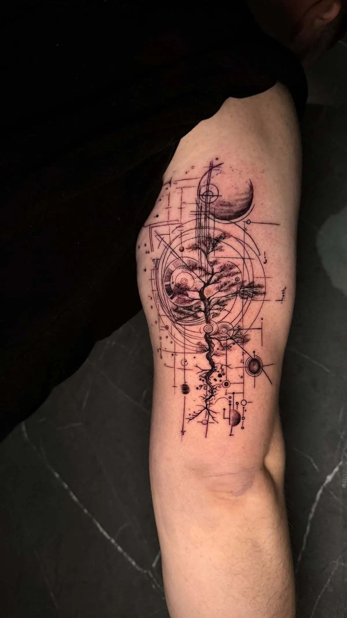 abstract geometric tree cosmos micro realism arm tattoo