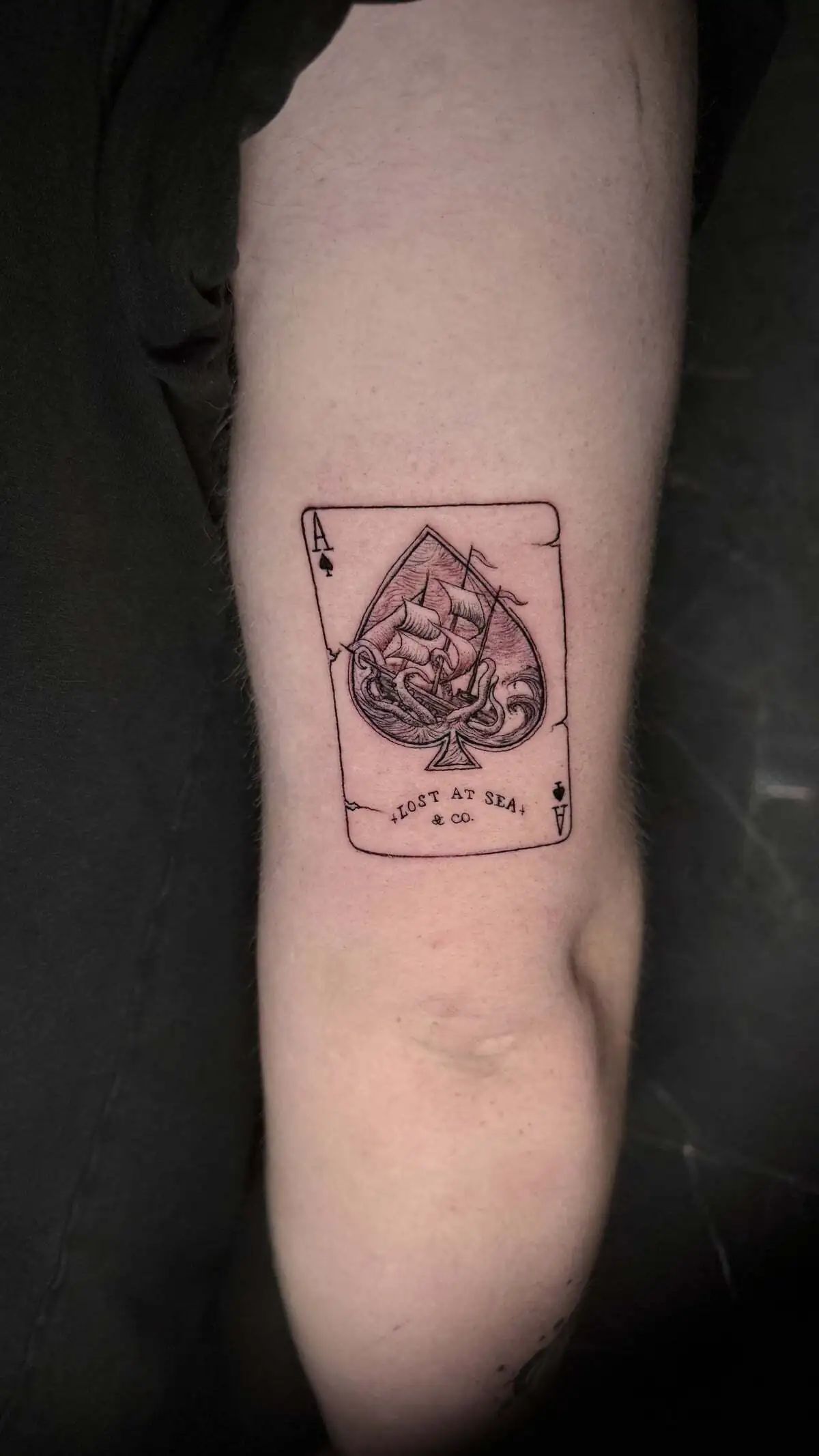 ace of spades ship playing card micro realism arm tattoo