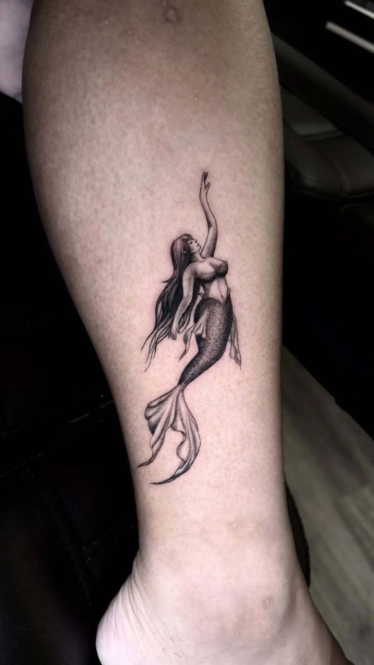 mermaid micro realism calf tattoo