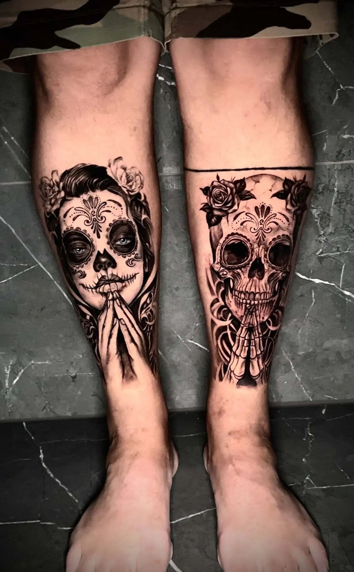 dia de los muertos skull couple calf tattoos