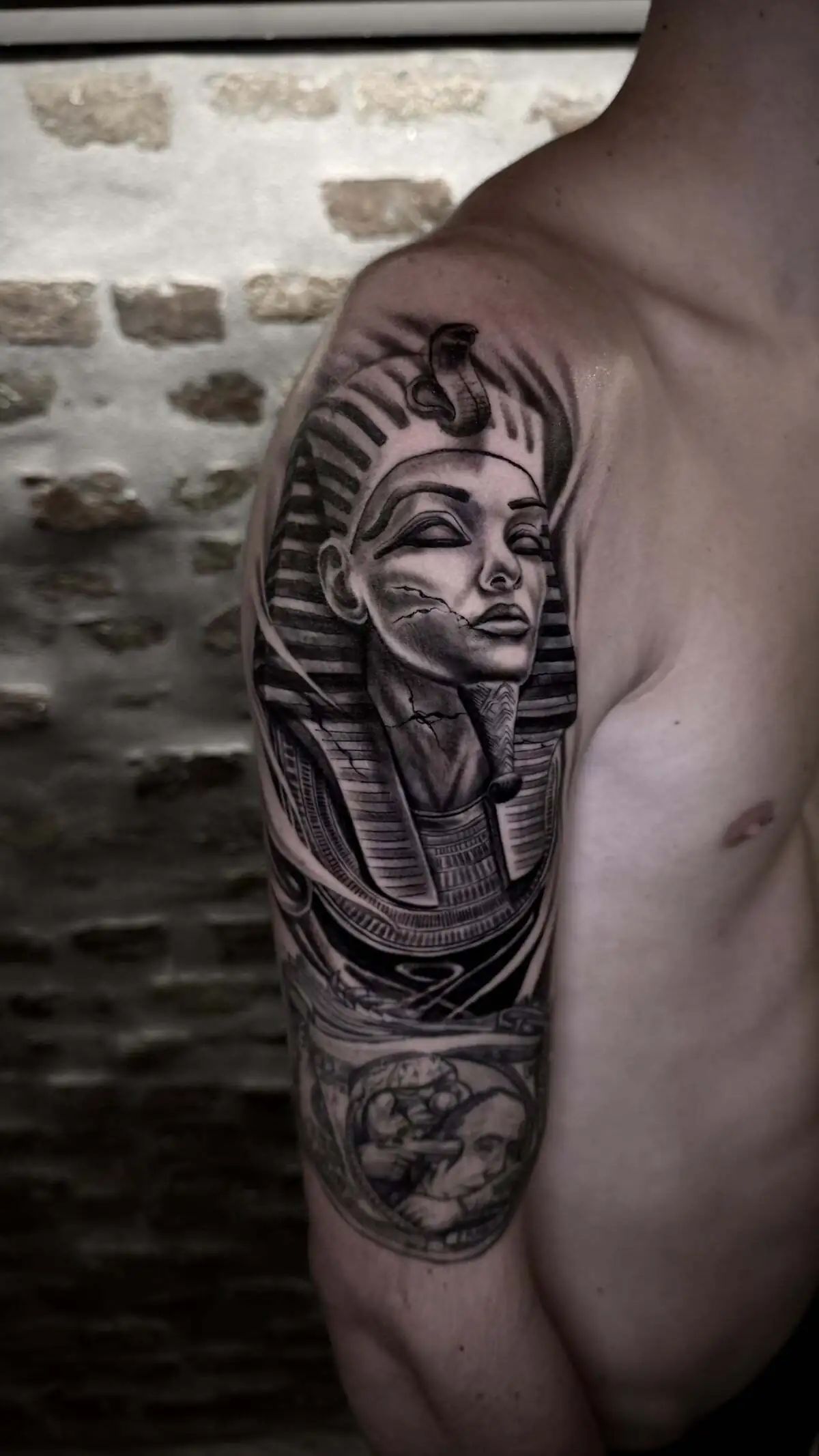 egyptian pharaoh portrait realistic sleeve tattoo